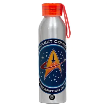 Starfleet command, Αλουμινένιο Αθλητικό Μπουκάλι 650ml – Ασημί με Κόκκινο Καπάκι και Λουράκι Σιλικόνης
