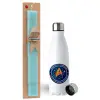 Easter Set, metallic stainless steel water bottle (750ml) & aromatic flat Easter candle (30cm) (TURQUOISE)
