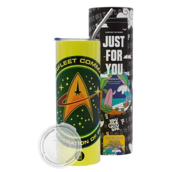 Starfleet command, Neon Yellow Travel Tumbler θερμό, μεταλλικό καλαμάκι(Ανωξείδωτο 304 Food grade, BPA free, 600ml)