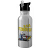 Water bottle Silver with straw, stainless steel 600ml