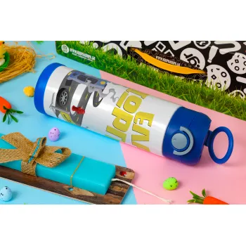 Έλα Γιώργη, πω πω μια στροφάρα, Easter candle, Childrens hot water bottle, stainless steel, with safety straw, BLUE (500ml)