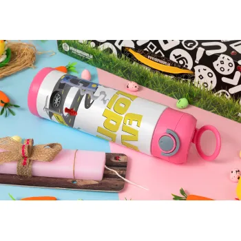 Έλα Γιώργη, πω πω μια στροφάρα, Πασχαλινή Λαμπάδα με Παιδικό παγούρι θερμό, ανοξείδωτο, με καλαμάκι ασφαλείας, ΡΟΖ (500ml)