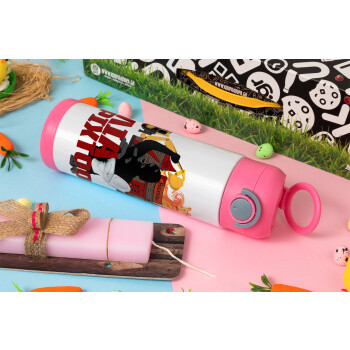Ηλία ρίχτοοο!!!, Easter candle, Childrens hot water bottle, stainless steel, with safety straw, PINK (500ml)