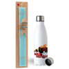 Easter Set, metallic stainless steel water bottle (750ml) & aromatic flat Easter candle (30cm) (TURQUOISE)