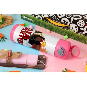 Ηλία ρίχτοοο!!!, Easter candle, Childrens hot water bottle, stainless steel, with safety straw, PINK (500ml)