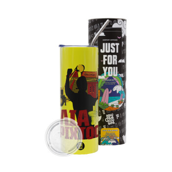 Ηλία ρίχτο!, Neon Yellow Travel Tumbler, with metal straw (Stainless steel 304 Food grade, BPA free, 600ml)