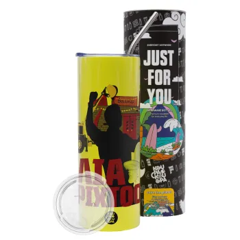 Ηλία ρίχτο!, Neon Yellow Travel Tumbler θερμό, μεταλλικό καλαμάκι(Ανωξείδωτο 304 Food grade, BPA free, 600ml)