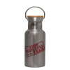 Stainless steel metallic thermos flask, silver with a bamboo lid, double-walled, 350ml.