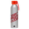 Aluminum Sports Bottle 650ml – Silver with Red Cap and Silicone Strap