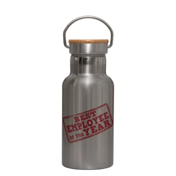 Best employee of the year, Stainless steel metallic thermos flask, silver with a bamboo lid, double-walled, 350ml.