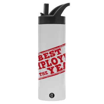Best employee of the year, Metallic thermos bottle with straw & handle, stainless steel (Stainless steel 304), double-walled, 600ml.