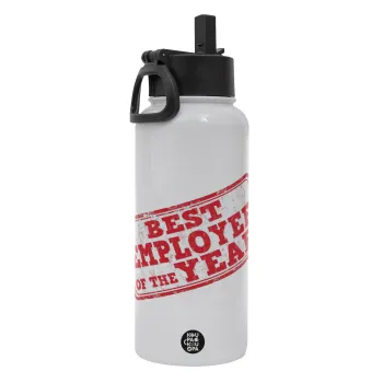 Best employee of the year, Μεταλλικό παγούρι θερμός Λευκό με καλαμάκι και χερούλι (Stainless steel), διπλού τοιχώματος, 950ml