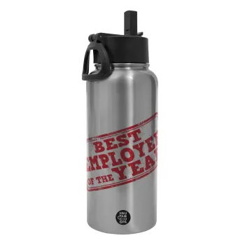 Best employee of the year, Metal mug thermo Silver with Straw and Spout Lid (Stainless steel), double wall, 950ml