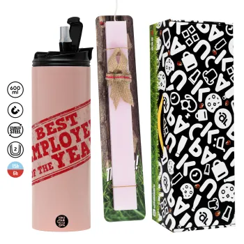 Best employee of the year, Πασχαλινή Λαμπάδα με  ΡΟΖ Travel Tumbler θερμό (600ml, BPA free) & κερί αρωματικό πλακέ (30cm) (ΡΟΖ)