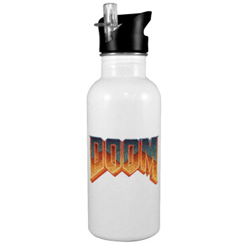 DOOM, White water bottle with straw, stainless steel 600ml