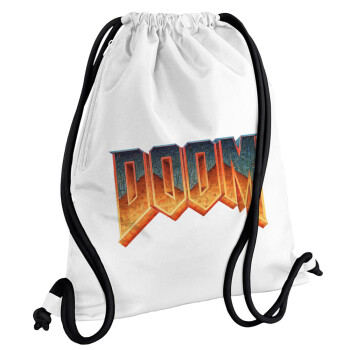 DOOM, Τσάντα πλάτης πουγκί GYMBAG λευκή, με τσέπη (40x48cm) & χονδρά κορδόνια