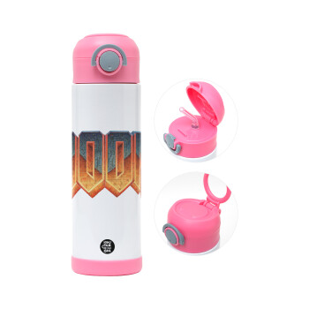 DOOM, Children's hot water bottle, stainless steel, with safety straw, PINK (500ml)