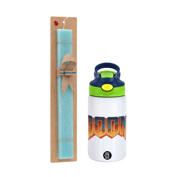 DOOM, Easter Set, Children's thermal stainless steel bottle with safety straw, green/blue (350ml) & aromatic flat Easter candle (30cm) (TURQUOISE)