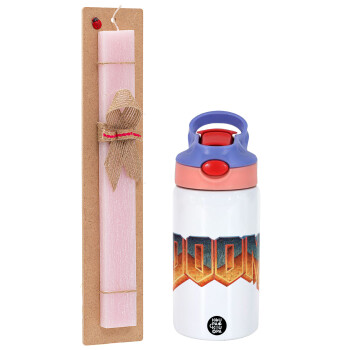 DOOM, Easter Set, Children's thermal stainless steel water bottle with safety straw, pink/purple (350ml) & Easter scented flat candle (30cm) (PINK)