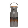 Stainless steel metallic thermos flask, silver with a bamboo lid, double-walled, 350ml.