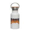 Metallic thermos (Stainless steel) White with wooden lid (bamboo), double-walled, 350ml