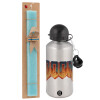 Easter Set, metallic silver aluminum water bottle (500ml) & scented flat Easter candle (30cm) (TURQUOISE)