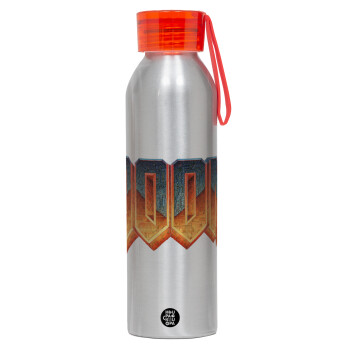 DOOM, Αλουμινένιο Αθλητικό Μπουκάλι 650ml – Ασημί με Κόκκινο Καπάκι και Λουράκι Σιλικόνης