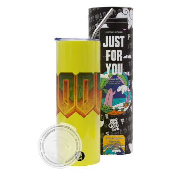DOOM, Neon Yellow Travel Tumbler, with metal straw (Stainless steel 304 Food grade, BPA free, 600ml)