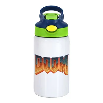 DOOM, Children's hot water bottle, stainless steel, with safety straw, green, blue (350ml)