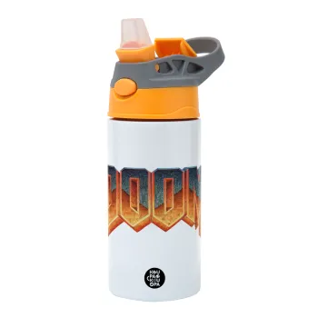 DOOM, Children's hot water bottle, stainless steel, with safety straw, Orange/Grey (360ml) BPA-FREE