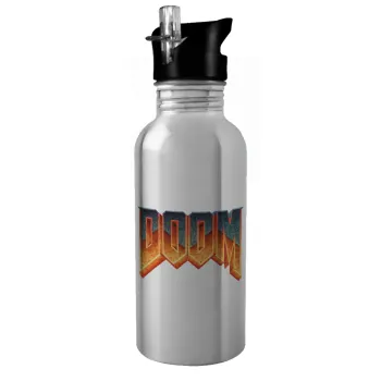 DOOM, Παγούρι νερού Ασημένιο με καλαμάκι, ανοξείδωτο ατσάλι 600ml