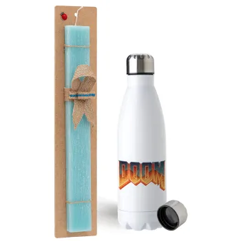 DOOM, Easter Set, metallic stainless steel water bottle (750ml) & aromatic flat Easter candle (30cm) (TURQUOISE)