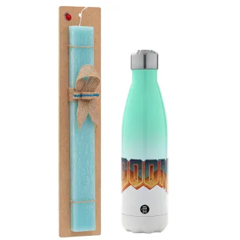 DOOM, Easter Set, Metallic green/white thermos (Stainless steel), double-walled, 500ml & scented flat Easter candle (30cm) (TURQUOISE)