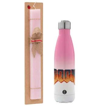 DOOM, Easter Set, Metallic pink/white (Stainless steel) thermos, double-walled, 500ml & aromatic flat Easter candle (30cm) (PINK)