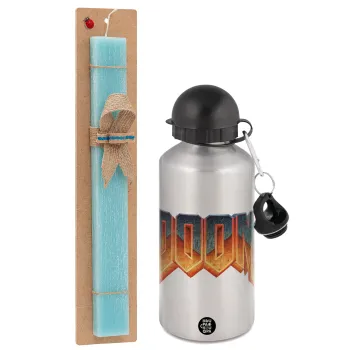 DOOM, Easter Set, metallic silver aluminum water bottle (500ml) & scented flat Easter candle (30cm) (TURQUOISE)