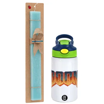 DOOM, Easter Set, Children's thermal stainless steel bottle with safety straw, green/blue (350ml) & aromatic flat Easter candle (30cm) (TURQUOISE)