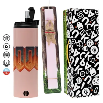 DOOM, Easter candle,Travel Tumbler 2 Lids, with metal straw & cleaning brush & aromatic flat candle (30cm) (PINK)
