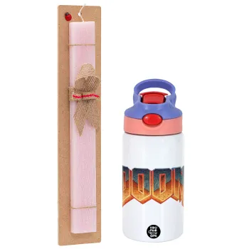 DOOM, Easter Set, Children's thermal stainless steel water bottle with safety straw, pink/purple (350ml) & Easter scented flat candle (30cm) (PINK)