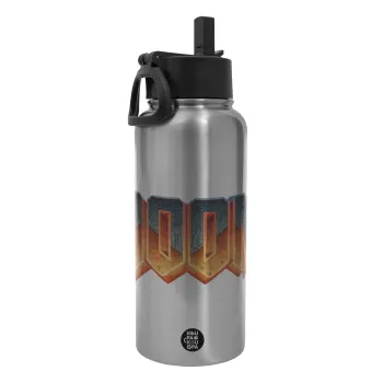 DOOM, Μεταλλικό παγούρι θερμός Silver με καλαμάκι και χερούλι (Stainless steel), διπλού τοιχώματος, 950ml