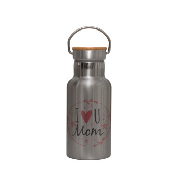 I Love you Mom pink, Stainless steel metallic thermos flask, silver with a bamboo lid, double-walled, 350ml.