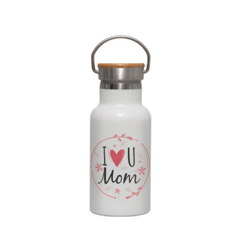 I Love you Mom pink, Μεταλλικό παγούρι θερμός (Stainless steel) Λευκό με ξύλινο καπακι (bamboo), διπλού τοιχώματος, 350ml