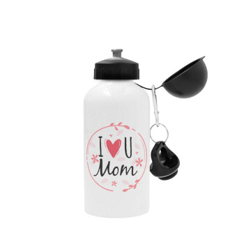 I Love you Mom pink, Metal water bottle, White, aluminum 500ml