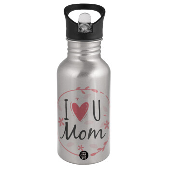 I Love you Mom pink, Water bottle Silver with straw, stainless steel 500ml