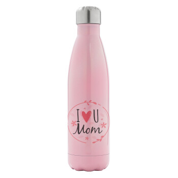 I Love you Mom pink, Μεταλλικό παγούρι θερμός Ροζ Ιριδίζον (Stainless steel), διπλού τοιχώματος, 500ml