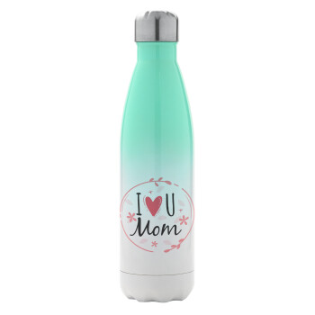 I Love you Mom pink, Metal mug thermos Green/White (Stainless steel), double wall, 500ml