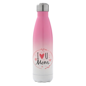 I Love you Mom pink, Metal mug thermos Pink/White (Stainless steel), double wall, 500ml