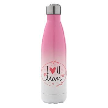 I Love you Mom pink, Μεταλλικό παγούρι θερμός Ροζ/Λευκό (Stainless steel), διπλού τοιχώματος, 500ml