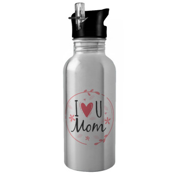 I Love you Mom pink, Water bottle Silver with straw, stainless steel 600ml