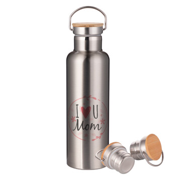 I Love you Mom pink, Stainless steel Silver with wooden lid (bamboo), double wall, 750ml
