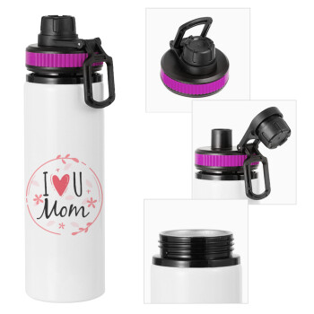 I Love you Mom pink, Metallic water bottle with safety lid, 850ml aluminum
